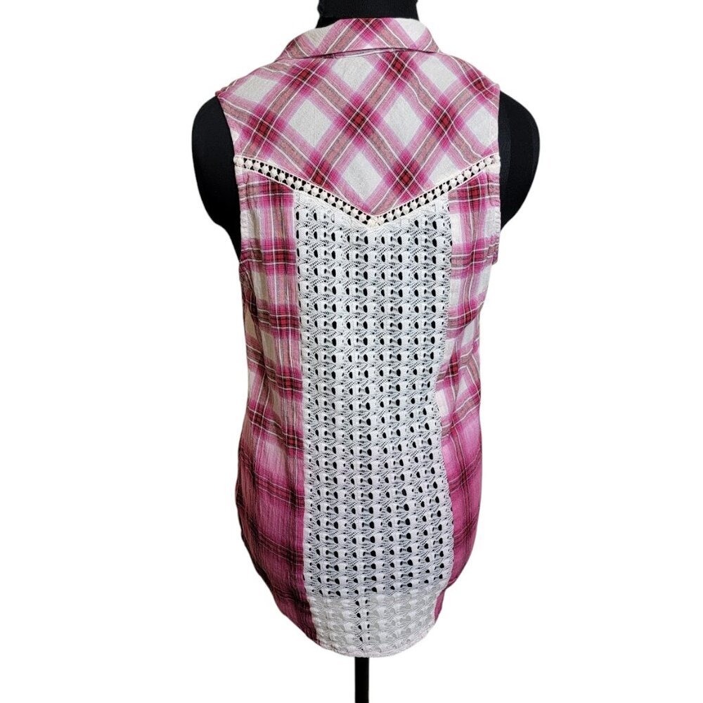 Miss Me Pink Plaid Sleeveless Shirt with Lace Back Size M – Western Boho Festiva - Picture 2 of 11